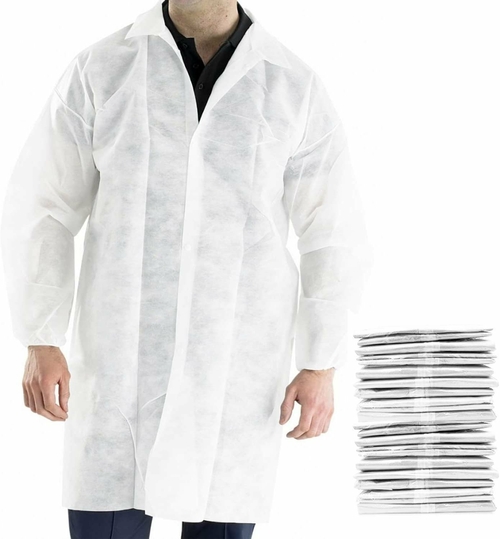 Disposable Lab Coats. Pack of 10 White Polypropylene Work Gowns