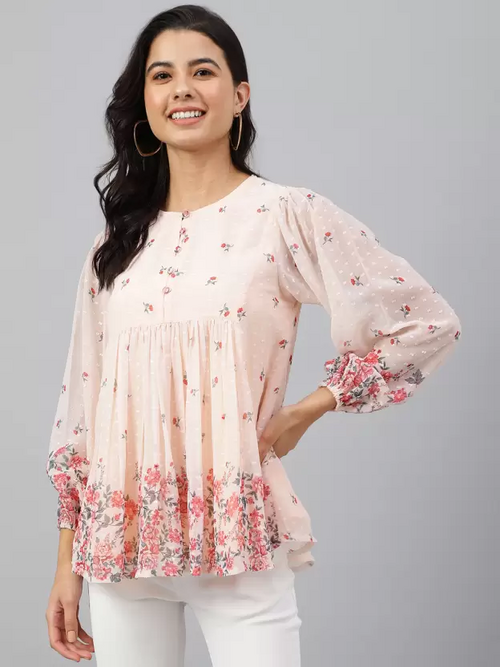 Casual Puff Sleeves Printed Women Pink Top (Size L)