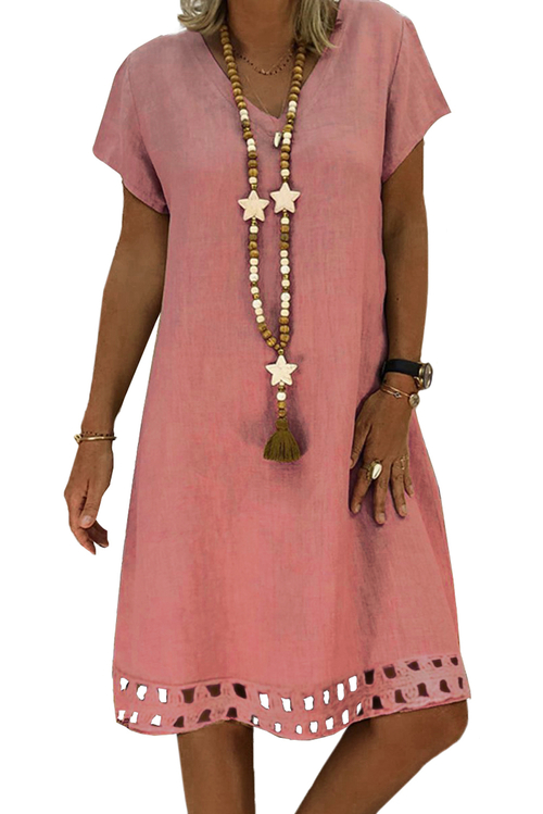 Pink Short Sleeve V Neck A-Line Casual Shirt Dress