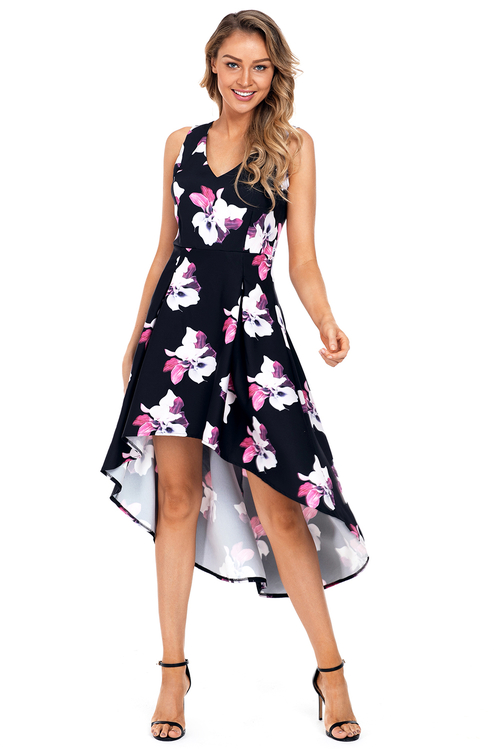 Fushcia Floral High Low Hem Midi Dress