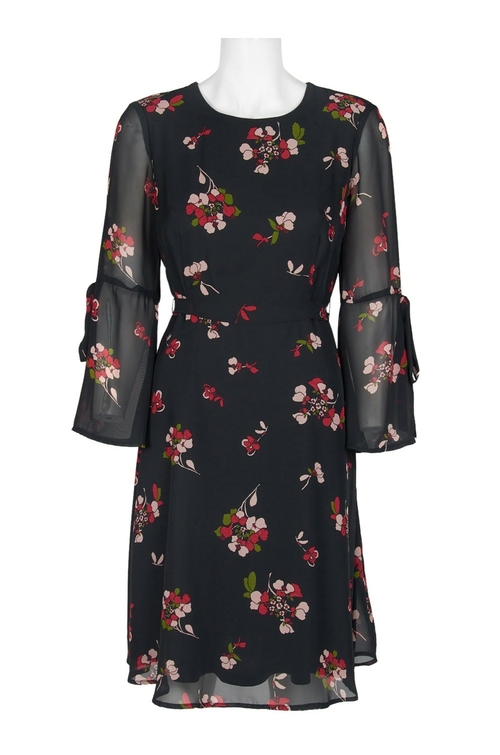 Nine West Scoop Neck Long Sleeve Keyhole Back Tie Waist Floral Chiffon