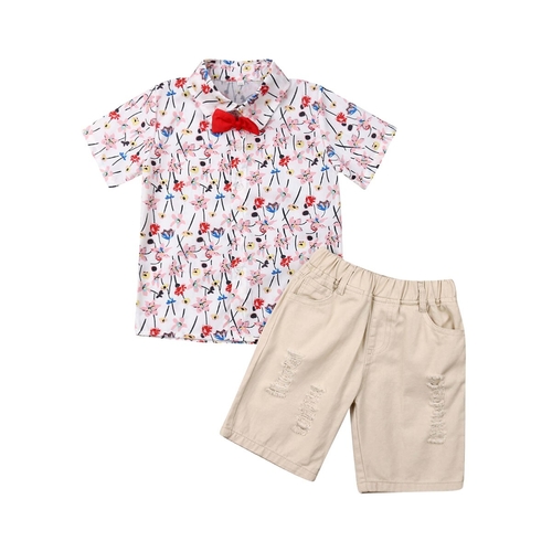 2Pcs Kid Baby Boy Bow Tie Short Sleeve Top T-shirt