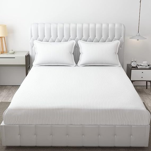 Cotton Queen Size Striped Bedsheet (Size-QUEEN SIZE) (Color-WHITE)