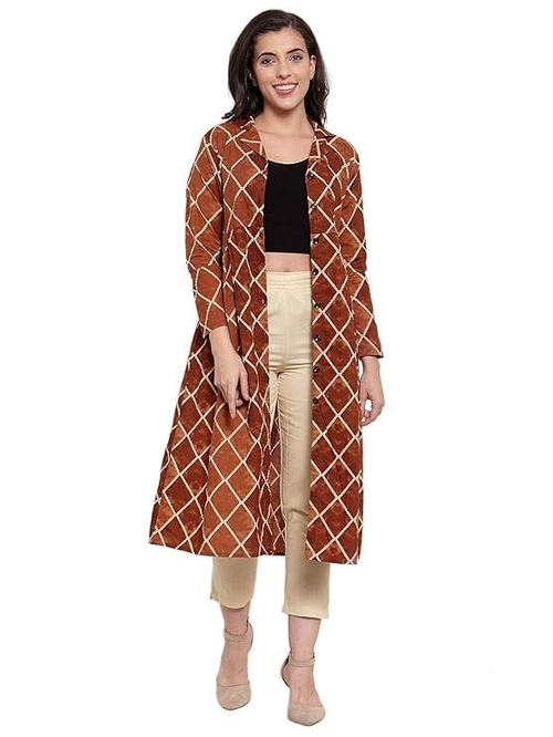 Cotton Geomatric Print A-Line Collar Shrug Cape (Size-L) (COLOR-BROWN)