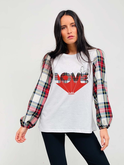 Camiseta Abullonada Love Cuadros Escocés Blanco