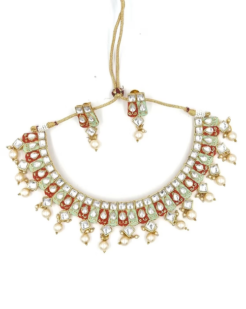 Gold-Plated Stone-Studded Necklace & Earrings Set Beatiful Handcraft