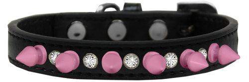 Crystal & Light Pink Spikes Dog Collar, Black - Size 14