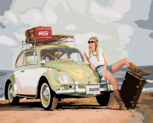 Paint by Numbers - GREEN CAR BEETLE AND WOMAN WITH SUITCASE