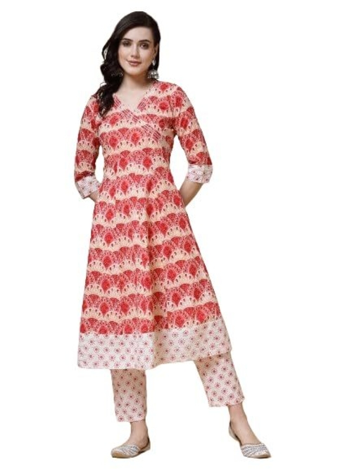 Cotton Brown White Floral print A-Line Kurta with Trouser (Size-S)