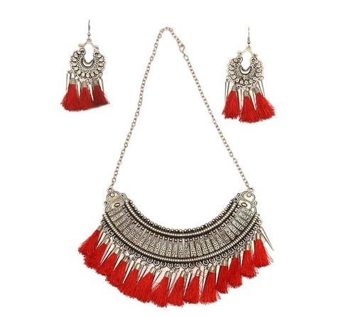 Orange Oxidised Metal Necklace and Earring with Tassel Necklace for