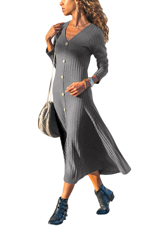 Gray Button Front Long Sleeve Ribbed Midi Dress