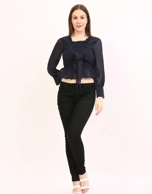 Casual Puff Sleeve Solid Women Navy Blue Top