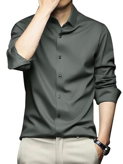 Men Regular Fit Full Sleeve Satin Silk Shirt (Size-L) (Color-DARK