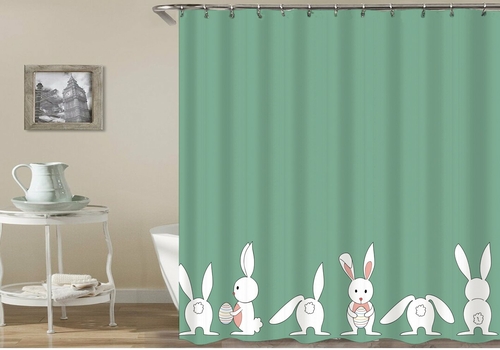 Solid Green Behind Cute Little Bunnies Shower Curtain