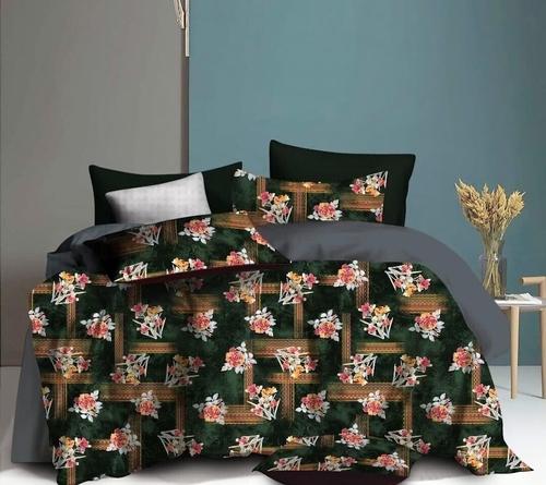  160 TC Microfiber Queen Floral Flat Bedsheet (Pack of 1, Dark Green)