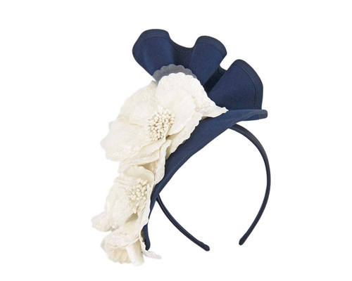 Large navy felt winter fascinator with cream flower