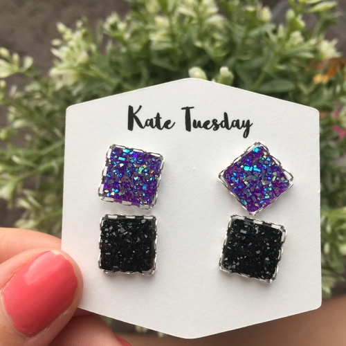 Double Purple + Black Druzy Earrings