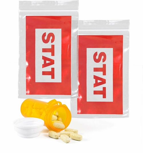 Pack of 100 Red "STAT" Bag - Seal Top Reclosable, Clear 6 x 9 Zipper
