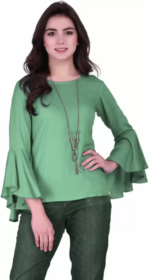 Party Bell Sleeves Solid Women Top (Size-S) SEA GREEN )