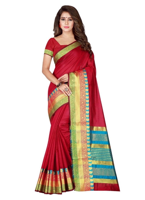 Generic Women's Cotton Saree with Blouse (Maroon,