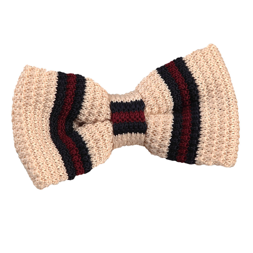Knitted 3 Thin Stripe Bow Tie - Knitted Cream with Burgundy & Navy