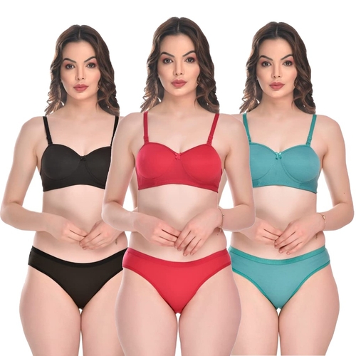 Womens Cotton Honeymoon Balconette Lightly Padded Bra Panty Set Women