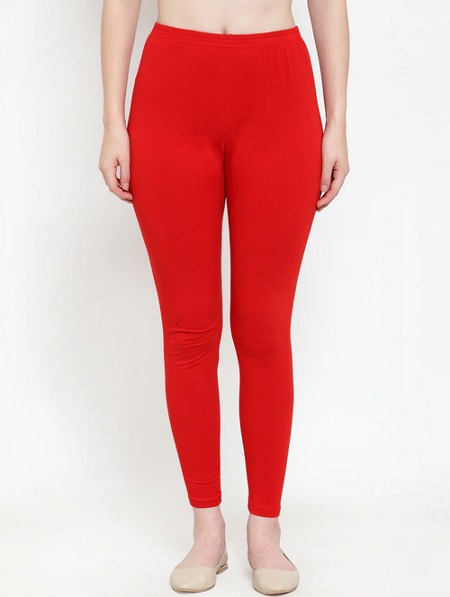 Women's Solid Ankle-Length Leggings(SizeM)(ColorRed)