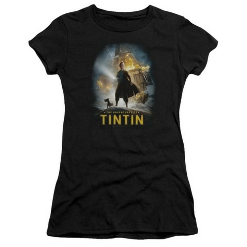 Trevco Tintin-Poster Short Sleeve Junior Sheer Tee, Black - XL