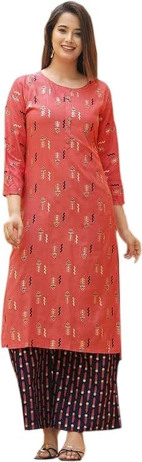 Women's Pink Floral Cotton Kurta with Palazzo set Size L