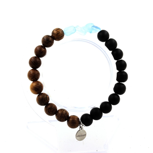 Aquamarine from Brazil + matte black Onyx + wood Bracelet 8 mm Beads.