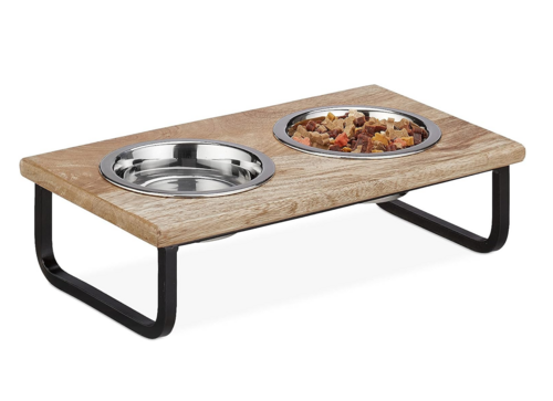 Sabri Shopee Bowl Stand, 2 Bowls with Stainless Steel Holder, MDF Wood