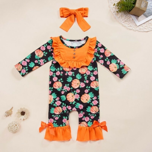 Baby Girl Halloween Romper Flower Pumpkin Ruffle