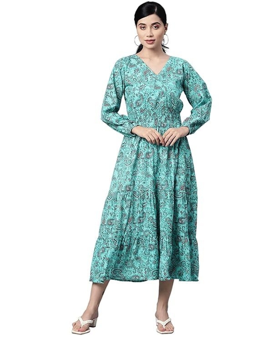 Cotton Paisley Print Dress Flared Abstract (Size-S) (COLOR-SEA BLUE)