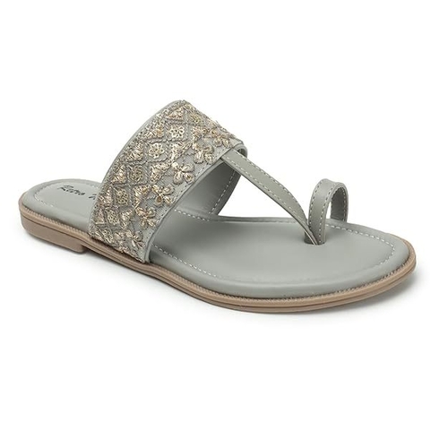Retro Walk Embellished Open Toe Flats (Size-UK-7) (Color-GREY)