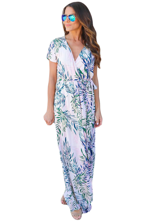 White Tropical Printed Wrap Maxi Dress