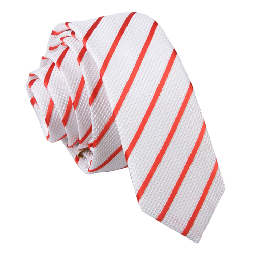 Single Stripe Skinny Tie - White & Red
