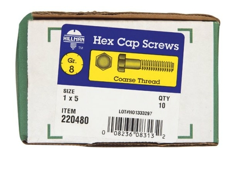 Hillman 220480 1 x 5 in. Grade 8 Zinc Dichromate Steel Hex Cap Screw