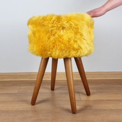 Yellow genuine sheepskin stool with oak legs