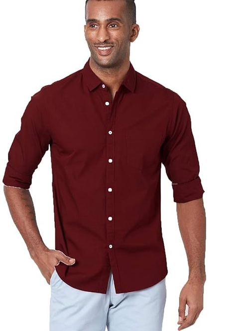 Men's Solid Slim Fit Cotton Casual Shirt RED S