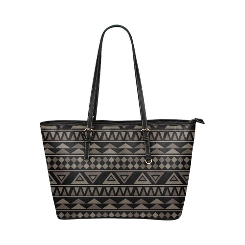 Large Leather Tote Shoulder Bag - Black Geometric Illustration