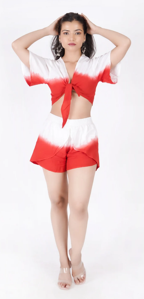 Women's Ombre Tie Dye Blouse & Shorts Set Dress (Color Orange) (Size