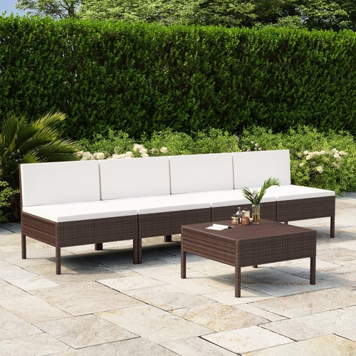 5 Piece Garden Sofa Set with Cushions Poly Rattan Brown