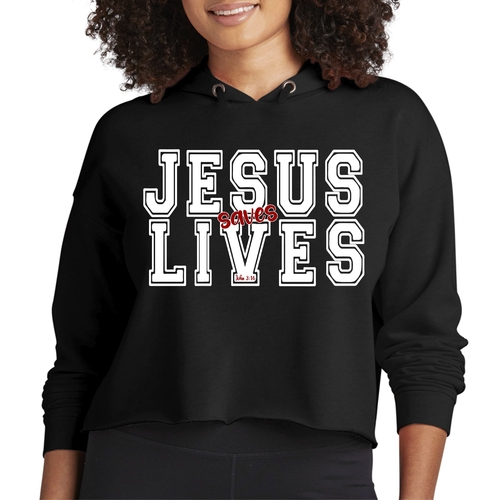 Womens Cropped Hoodie Jesus Saves Lives White Red Illustration