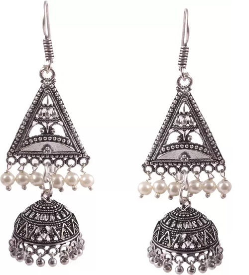 German Silver Oxidized hook drop Jhumki Afghani Jhumka Pearls Jhumki