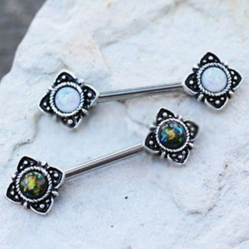 Mystical Flower Nipple Bar with Synthetic Opal