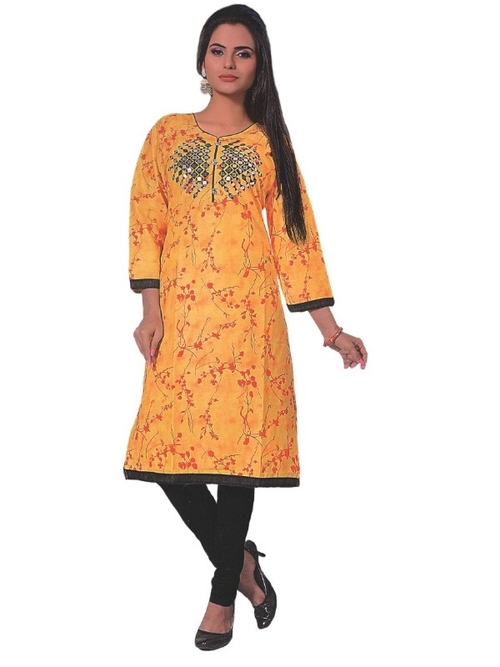 Women’s Printed Cotton Yellow Mirror Work  Kurti