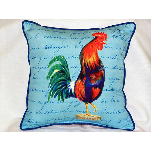 Betsy Drake HJ037B Blue Rooster Script - Large Indoor & Outdoor Pillow