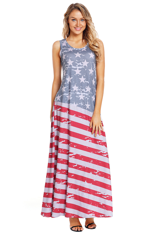 American Flag Print Sleeveless Maxi Dress
