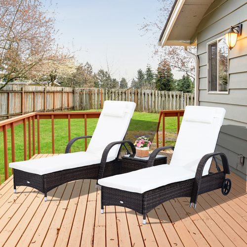 Outsunny 3pcs Wheeled Patio Rattan Lounge Set Reclining Chaise