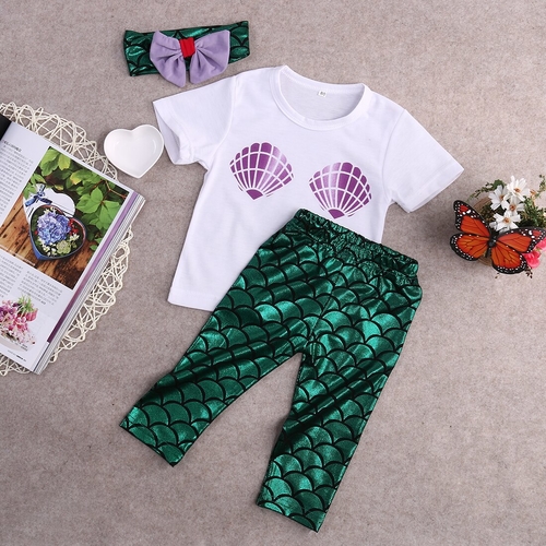 3 pcs Baby Girls Shell T shirt Top+Mermaid